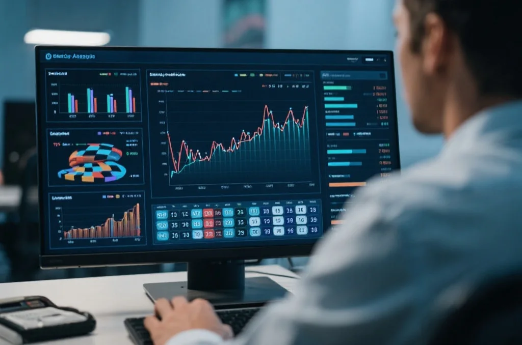 数据分析师正在用电脑分析极速赛车开奖号码模式，屏幕上显示多个数据图表和趋势线